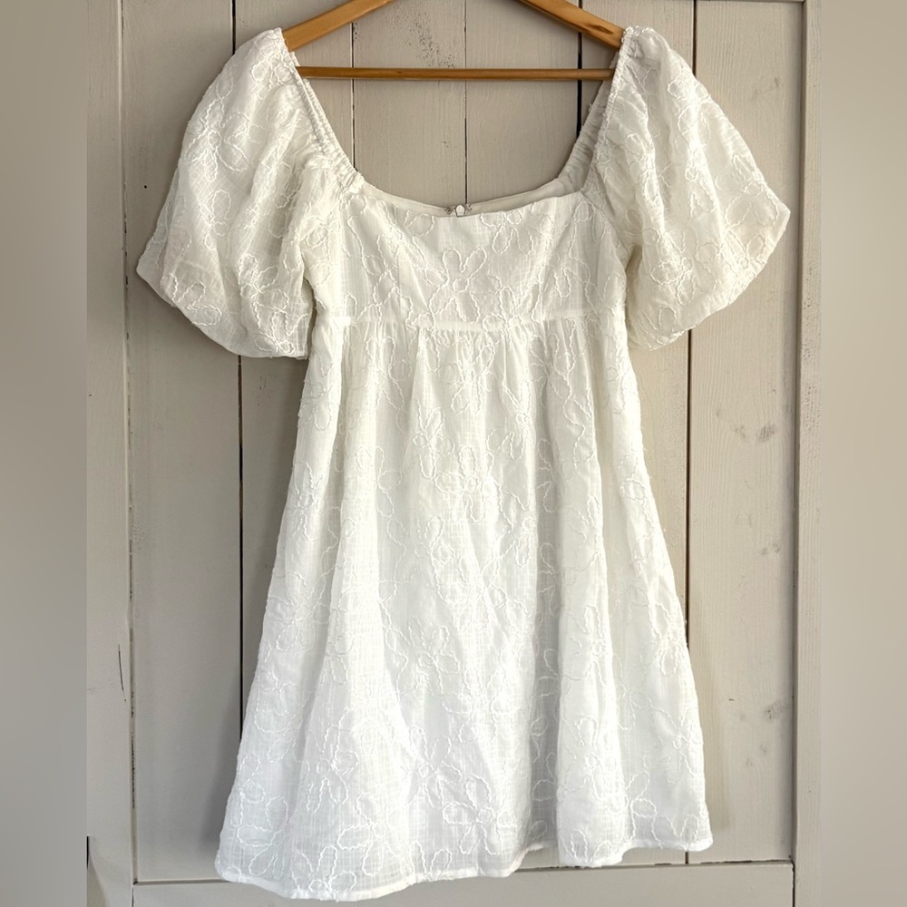 Altar'd State White baby doll dress with embroidered floral detail